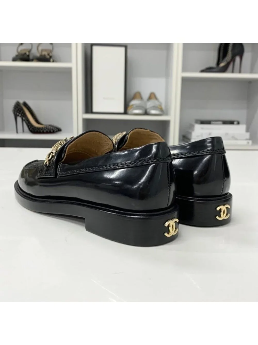 Chanel Patent Logo CC Chain Loafers Black